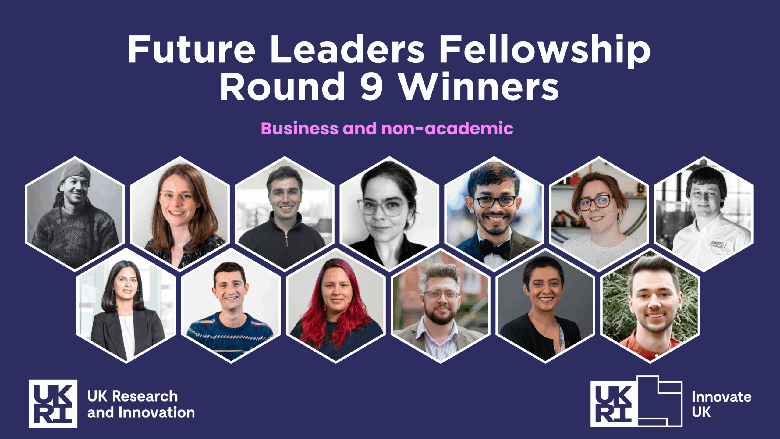 Future Leaders Fellowship UKRI winners card with headshots of 13 winners