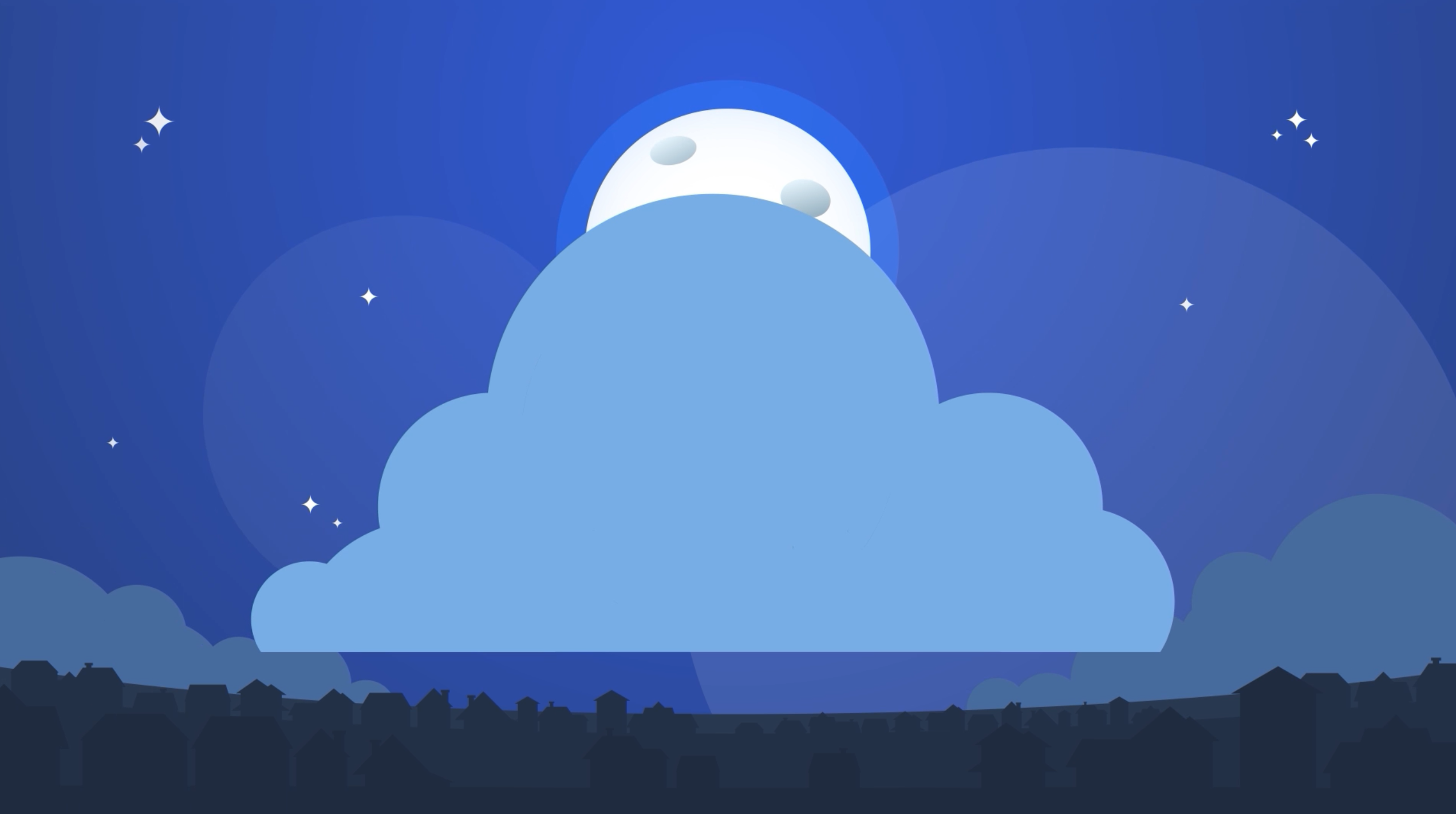 Opening frame of explainer video showing night-time sky with moon peeking out behind a cloud