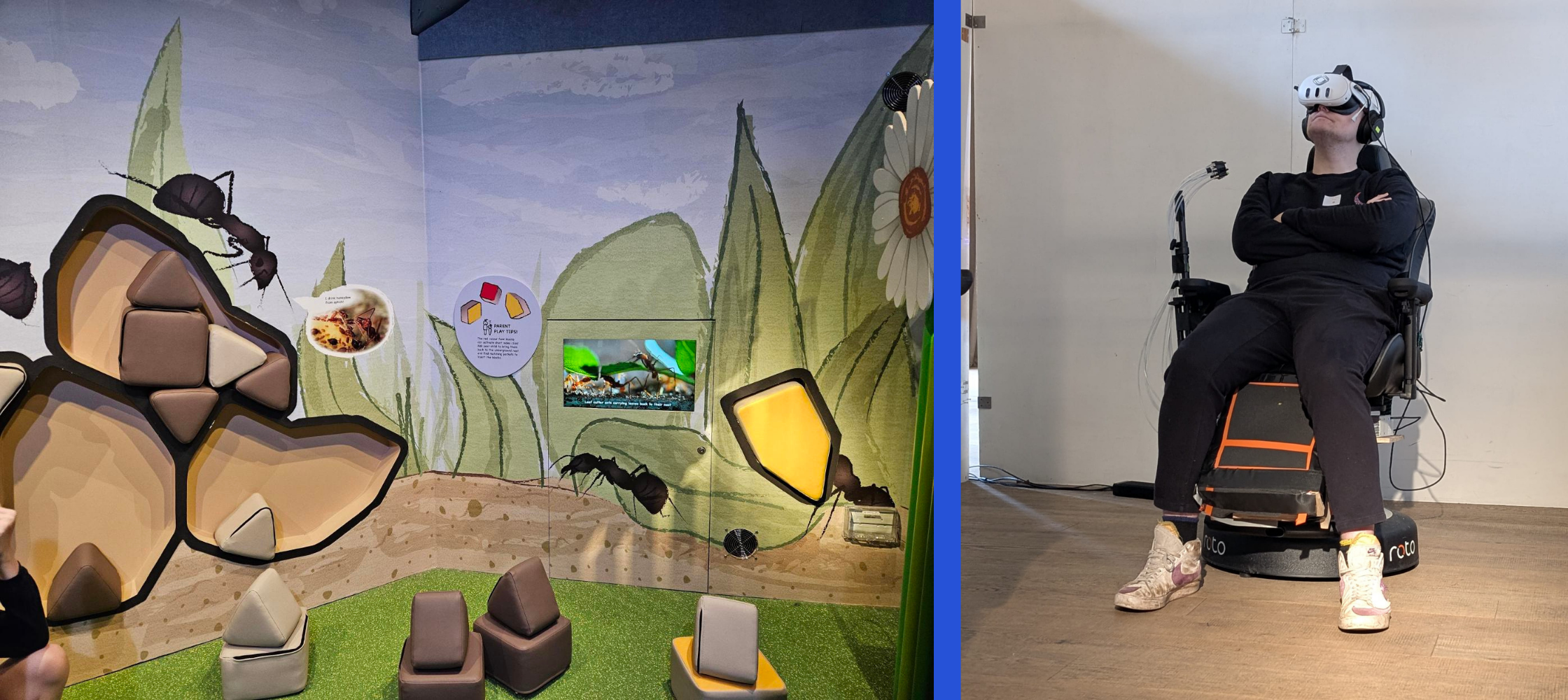Image banner showing two images: the inside of Little Ant Kingdom and one of the production crew of INSIDE testing the seat used in the exhibit