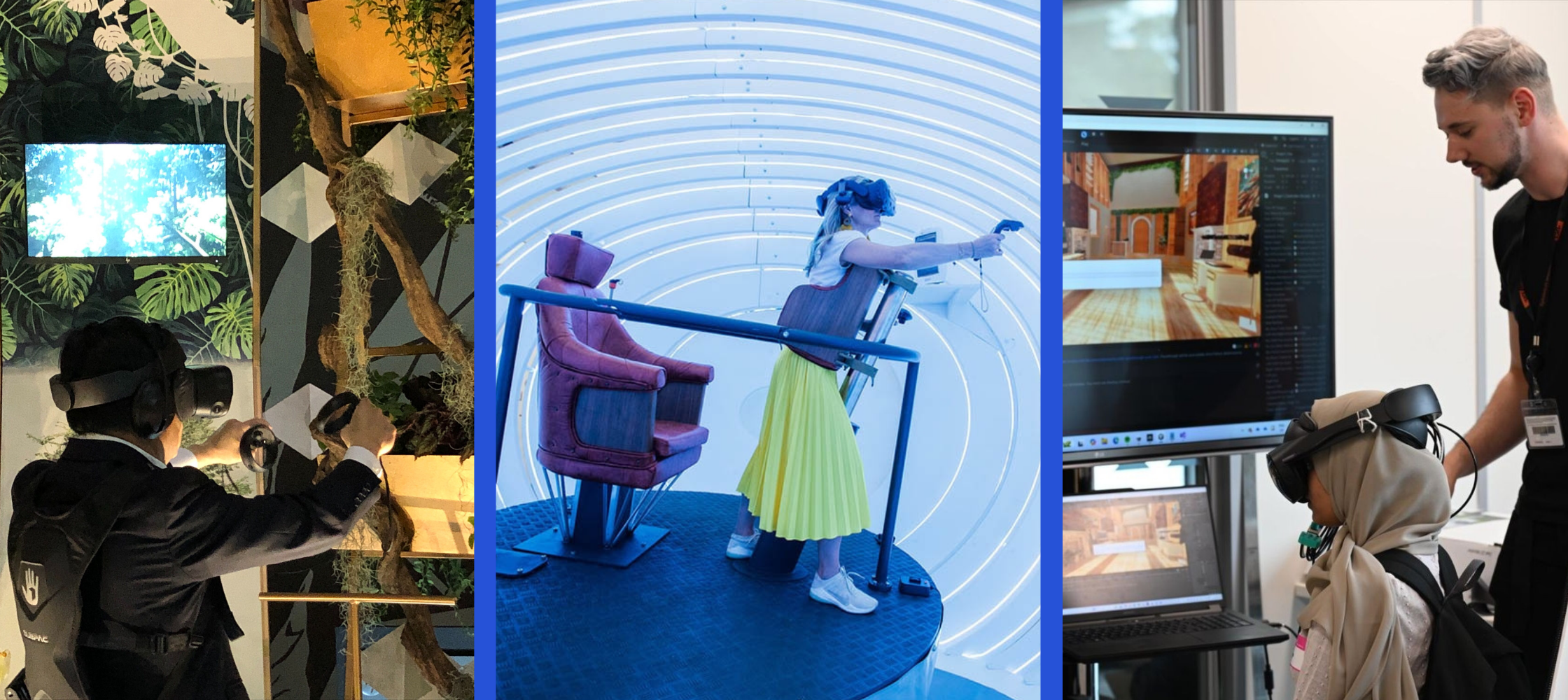 Image banner featuring three images: a visitor wearing a VR headset at the Singapore TreeVR exhibit, a visitor wearing a VR headset at the FlyVR exhibit in Saatchi Gallery and Christopher Dawes with FarFalla participant in front of computer